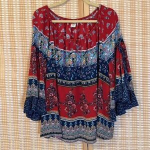 Bila Womens 3X Top Multicolor 3/4 Butterfly Sleeves Gauzy Boho Hippie Floral